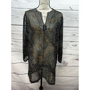 Byzance s/m black sheer blouse with multi colored triangle pattern-2983‎